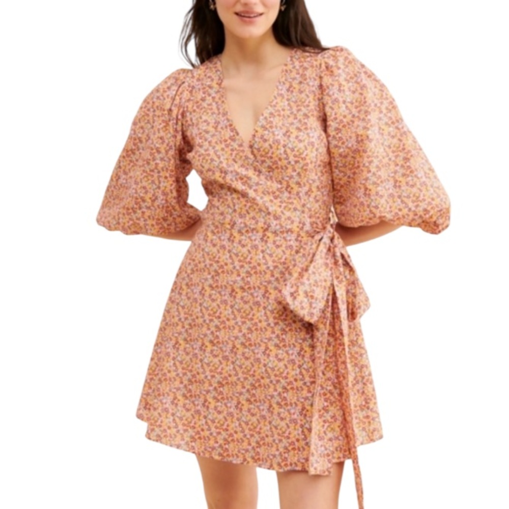 MINKPINK Morwell Cotton Mini Wrap Crepe Dress Puff Sleeves Tag XL Fits Sz Med - Picture 2 of 10